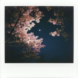 polaroid photo of looking up at trees with pink leaves, night sky, stars, cinestill, bokeh, grainy