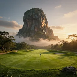 golf course, hyper realism, cinematic, epic composition, high detail, octane render, unreal engine, 8 k, extremely detailed, apocalyptic, very sharp, beautiful, sunrise,