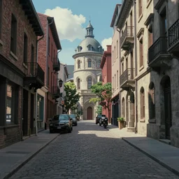 A screenshot of the old montreal city street in the scene in the Ghibli anime film, pretty rim highlights and specular