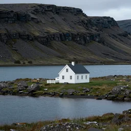 a gorgeous moody dreamy landscape photograph of a cottage by the lake in icelandic country side, cinematic theme, reflective lake, blue ambiance, soft natural lighting, pine trees, artstation, photography, award - winning photograhy
