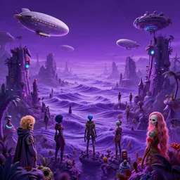 cosmic mortal sentient dieselpunk blimps hovers over strange purple jungle mountaintops, infinite waves, synthwave, bright neon colors, highly detailed, cinematic, tim white, vladimir kush, philippe druillet, roger dean, bob eggleton, michael whelan, tetsuro kimura, alfred kelsner, kubrick, jaroslaw jasnikowski