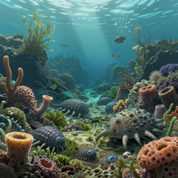 cambrian era underwater view, algae, sea sponges, many trilobites and anomalocaris, artstation, concept illustration, 8 k, artstation, makoto shinkai, gediminas pranckevicius, soft, cinematic, octane render, realistic, very detailed