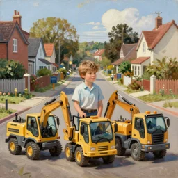 classic oil painting, a young boy with 3 construction vehicles as friends, as a dnd character, on a sunny populated suburban street, cottagecore, highly detailed, digital illustration, concept art, smooth, sharp focus, art by greg hildebrandt, and tim hildebrandt