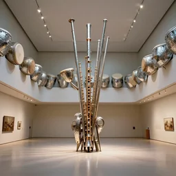 ! dream an art museum whose architecture is inspired by drum and flute instrument pieces, hammered metal sculpture in center of room ar 1 6 : 9