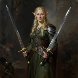 female elf armed with two long swords, in the style of tolkien, fantasy art, dramatic lighting, highly detailed oil painting