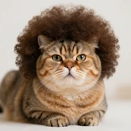 a fat cat with a huge afro on its head