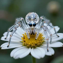 super macro of a crystal spider with big eyes sitting on a flower, in the forest. fantasy magic style. highly detailed 8 k. intricate. nikon d 8 5 0 3 0 0 mm. award winning photography.