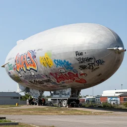 a detailed photo of an airship full of graffiti