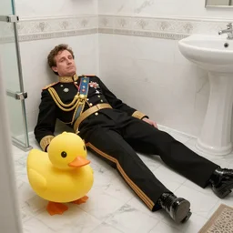 nikolai romanov, emperor of russia, lies in the bathroom next to a yellow duck. 1 9 0 5