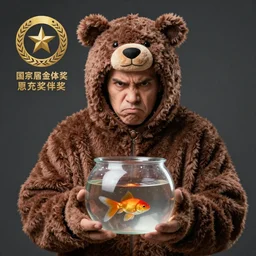 a grumpy human man wearing a bear costume, holding a fish bowl with a goldfish in it, photography, prize winning