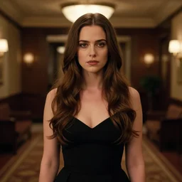 style joshua middleton, ellen jewett : : dimly lit hotel lobby : : beautiful anna kendrick with black dress, very long wavy brown hair, symmetrical face, symmetrical eyes : : detailed, cinematic lighting