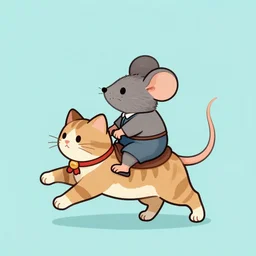 a mouse riding on a prancing cat, illustration, digital art