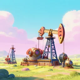 a bright pastel alien landscape with steampunk oil drills and mining machines.