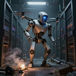 parallax volumetric coherent gloomy colossal ruined server room in datacenter portrait by eddie mendoza blender robot figure automata headless drone robot welder posing pacing fixing soldering mono sharp focus, emitting diodes, smoke, artillery, sparks, racks, system unit, motherboard, artstation cgsociety artofmtg hyperrealism cinematic dramatic painting concept art of detailed character design