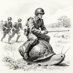 WW2 soldiers riding a snail to battle, pencil drawing