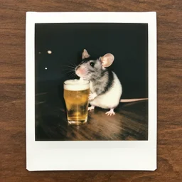 polaroid of a mouse drinking beer