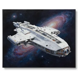 A beautiful painting of gigantic spaceship in deep space with galaxies and nebulas in background painted by John Harris, artstation.