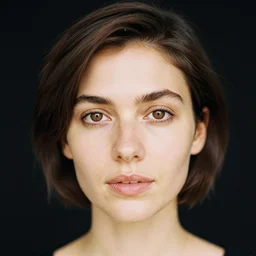 an analog photography of natural beautiful woman, short brown hair, brown iris, natural light, black studio backdrop. kodak portra 400