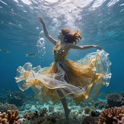 woman dancing and spinning underwater while wearing a dress made of many very long layers of thin sheer gold and silver fabrics flowing in the fast current, hundreds of tiny bubbles in the foreground somewhat obscure and blur her body, coral sea bottom, swirling schools of silver fish, bubbles, swirling smoke shapes, octane render, bright caustics lighting from above, cinematic