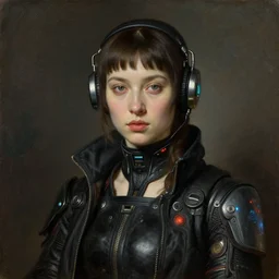 rembrandt portrait painting of a beautiful cyberpunk female, realistic, artstation style,