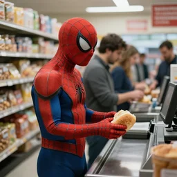 spider - man with bread in his hands stands in line at the checkout in the store, realistic light, soft light, focus, depth of field, photorealism, 8 k quality, high quality, realistic style, old painting, classicism painting