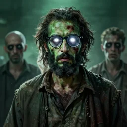 cinematic shot epic portrait of a zombie middle eastern man with ducktail beard and wayfarer glasses, green skin, glowing white eyes, dirty clothes, broad light, ambient occlusion, volumetric light effect, made by ivan aivazovsky, peter mohrbacher, greg rutkowski, matte painting, trending on artstation, 4 k, perfectly defined features, digital painting, cinematic, epic, highly detailed,