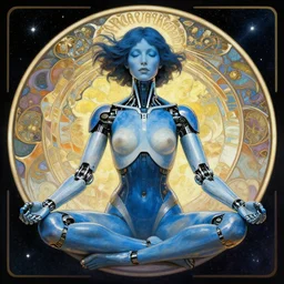 a cybernetic woman with blue skin and mechanical arms meditating over outer space, rutkowski, alphonse mucha