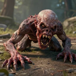 a grotesque and malformed monster with an unhinged jaw and mouth full of teeth, crawling across the ground, high quality, unreal engine, octane render, natural light outside, animated horror still