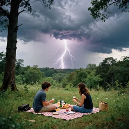 thunderstorm, picnic, forest, drinks, by herbert james harper, bright, film grain, depth haze, volumetric lighting, concept art, 4 k, highly detailed