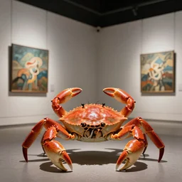 hyperrealistic 8k unreal engine crab visits art exhibition