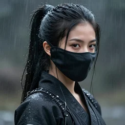 highly detailed portrait of long ponytail black hair ninja mask female, stray heavy raining wiring by meybis ruiz cruz, by atey ghailan, by james gilleard, by joe fenton, by greg rutkowski, by greg tocchini, by kaethe butcher 4 k resolution, gradient red, black and white color scheme!!! ( ( snowy fuji mountain japan village and tokyo tower background ) )