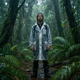 a human researcher standing in the rainforest, post - apocalypse, cinematic