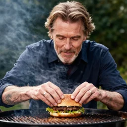 highly detailed portrait of willem dafoe making hamburgers on a barbecue grill