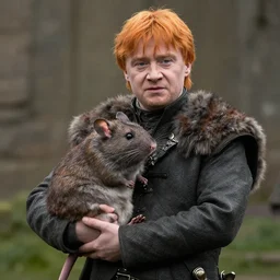 ron weasley as thehnellor in game of thrones, holding his large fat rat, live action film, cinematic photo, clear hd image