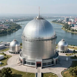 sci fi nuclear containment buildings in an expansive river valley with a city in the distance, a sense of hope and optimism, birds overhead, stark light, day time, unsplash, national geographic, hd, high res