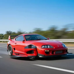 toyota supra mk4 at a highway, 35mm, action shot, heavy motion blur, vibrant