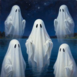 ghosts on the middle of lake, night sky, stars, realistic painting, intricate oil painting, high detail illustration, figurative art, multiple exposure, poster art, 3 d, by tooth wu and wlop and beeple and greg rutkowski