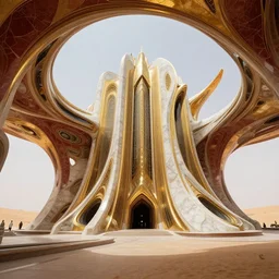 interior of a futuristic organic scifi temple with gold, red and white marble panels, in the desert, by buckminster fuller and syd mead, intricate contemporary architecture, photo journalism, photography, cinematic, national geographic photoshoot