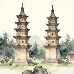 twin buddhist pagodas made of stone, in landscape, traditional chinese watercolor,
