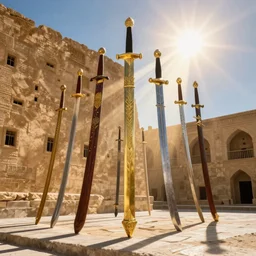 photography from baathist era baghdad, iraq showing the swords of qadisiyah, detailed, photorealism, radiant light, global illumination, hyperdetailed, bright colors