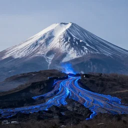 mount fuji erupting blue lava, photo from distance, photorealistic