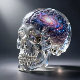 A transparent skull with a galaxy in place of a brain