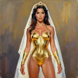sc - fi movie poster from the 8 0's, young bride dejah thoris, gold bikini armor, acrylic painting, by leyendecker