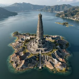digital concept art,aerial drone wide view of Garuda Wisnu Kencana monument in the middle of Lake Batur by Bernhard Edmaier,tectonics,islands,structural geology,photorealistic,hq,realistic,unreal engine,8k
