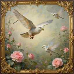 tiny whimsical eagles!!! with dragonfly wings in a garden flying over rose bushes, ornate gilded details, pastel colors, a surrealist painting, wiccan, featured on cgsociety, pop surrealism, surrealist, dramatic lighting