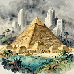 a realistic and atmospheric watercolor from howl's moving castle ( 2 0 0 4 ) of an egyptian pyramid complex underwater with jungle surrounding it. sci - fi white skyscrapers in the background. very dull muted colors, hd, 4 k, hq