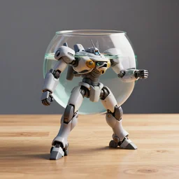 a fish bowl with mecha legs, walking on a wooden table, photorealistic 3 d octane render, unreal engine