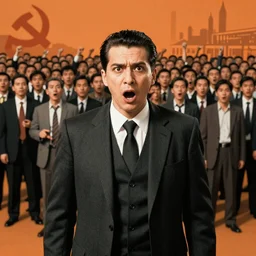 photo of a panicking banker in a three - piece suit looking into the camera with a huge crowd behind him, black and orange colour palette, depth of field, communist poster style