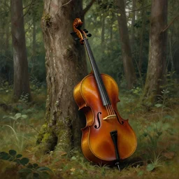 forest scene with a single cello leaning on a tree, intricate, beautiful, highly detailed, elegant, artstation, concept art, smooth and sharp focus, illustration, painting by ivan shishkin and isaak ilyich levitan