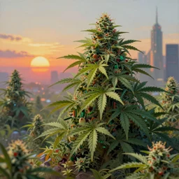an amazing deep painting of a cyberpunk world made of marijuana, intricate detail, sunset, idyllic, serene, volumetric lighting, 8 k, photorealistic, digital art trending on artstation